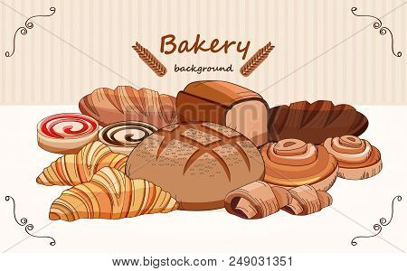 Set Bread Products, Pastries Vector On A White Background, Sliced Loaf, French Baguette, Rye Bread, 