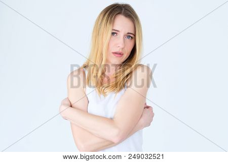 Emotion Face. Downhearted Depressed Rueful Frustrated Sad Woman. Young Beautiful Blond Girl Portrait