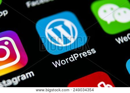 Sankt-petersburg, Russia, July 11, 2018: Wordpress Application Icon On Apple Iphone X Screen Close-u