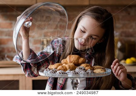 Child Unbalanced Eating. Unhealthy Bad Habits. Confectionery And Puff Pastry Overeating. Little Girl