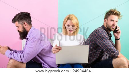 Gadget Addiction. Modern People Mobile Gadgets Laptop. Modern Technology. Men And Woman Networking B