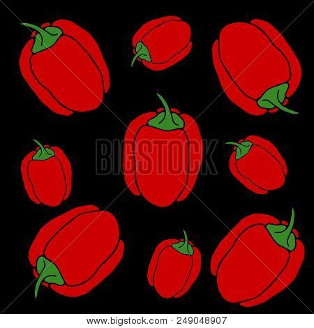 Red Peppers Isolated On Black Background. Hand Drawn Illustration