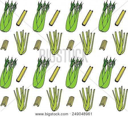 Green Celery Seamless Pattern Isolated On White Background.
