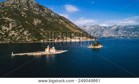 Aerial View Of The Our Lady Of The Rocks Church And Island Of Sveti Djordje In The Kotor Bay Near Pe