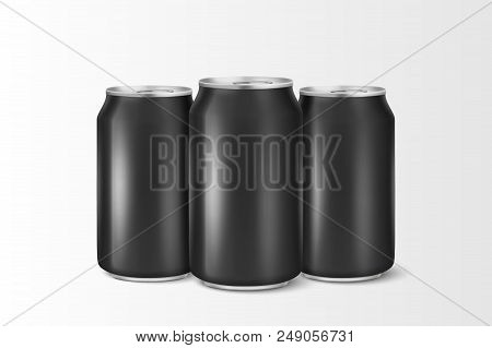 Three Vector Realistic 3d Empty Glossy Metal Black Aluminium Beer Pack Or Can Visual 330ml. Can Be U