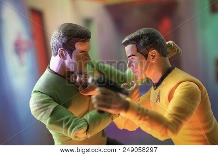 JULY 11 2018: Recreation from Star Trek episode The Enemy Within where Captain James T Kirk fights with his evil duplicate - Art Asylum action figures