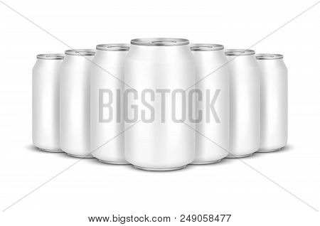 Vector Realistic 3d Empty Glossy Metal White Aluminium Beer Pack Or Can Visual 330ml Stack. Can Be U