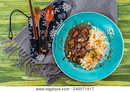 Vietnamese style caramel pork with rice and vegetable