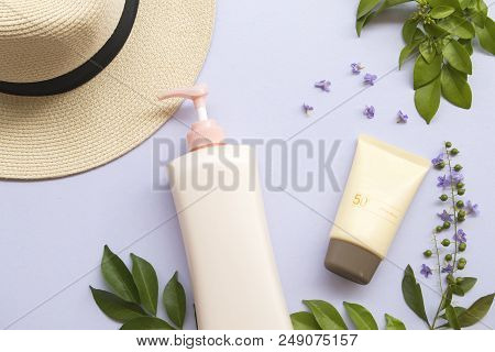 Natural Cosmetic For Skin Face Sunscreen Spf50 And Body Lotion Of Lifestyle Woman Relax Summer