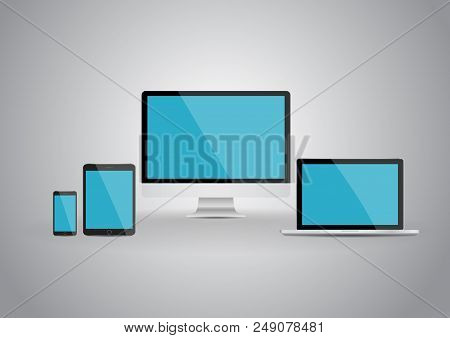 Modern Devices Mockups For Your Business Projects. Set Of Laptop, Desktop Computer, Tablet And Smart