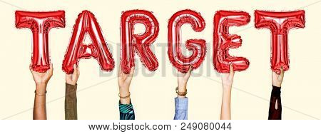 Red alphabet helium balloons forming the text target