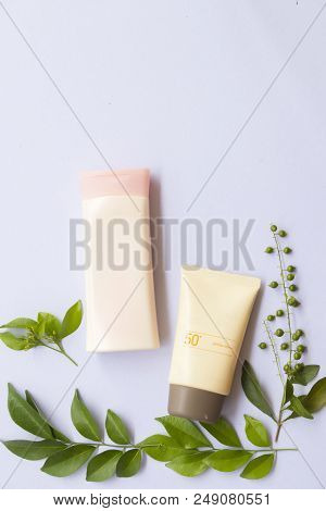 Natural Cosmetic For Skin Face Sunscreen Spf50 And Body Lotion Of Lifestyle Woman Relax Summer