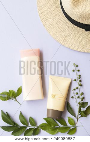 Natural Cosmetic For Skin Face Sunscreen Spf50 And Body Lotion Of Lifestyle Woman Relax Summer