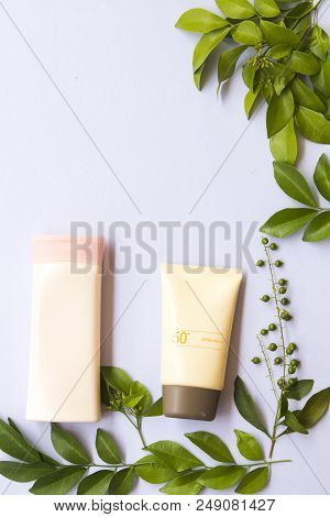 Natural Cosmetic For Skin Face Sunscreen Spf50 And Body Lotion Of Lifestyle Woman Relax Summer