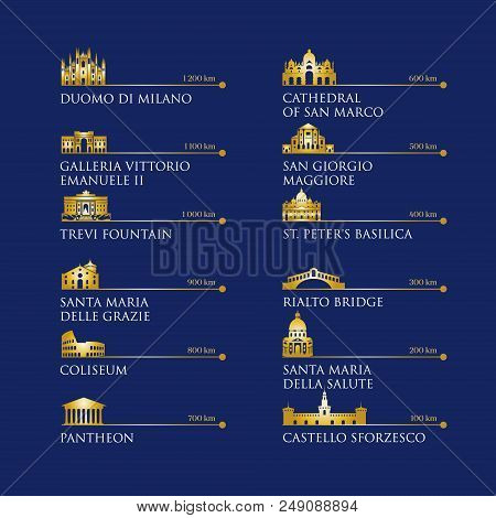 Infographic Of Italy Symbols, Landmarks In Gold Color. Vector Illustration. Venice, Milan, Italy, Ro