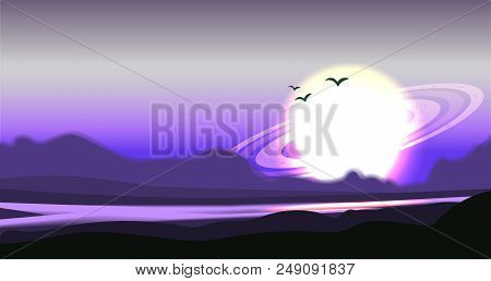 Fantastic Colored Panorama, Fantasy Vector Landscape. Space Vector Sci-fi Background, Gas Giant With