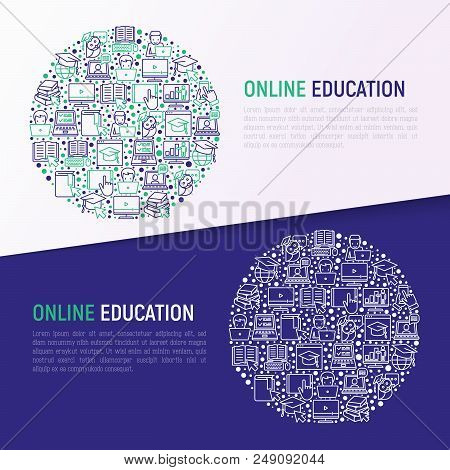 Online Education Concept In Circle With Thin Line Icons: Online Course, Webinar, E-book, Video Confe