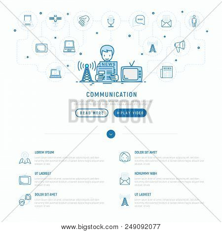 Communication Concept: Man Reading Newpaper And Watching Tv With Thin Line Icons: E-mail, Letter, Ch