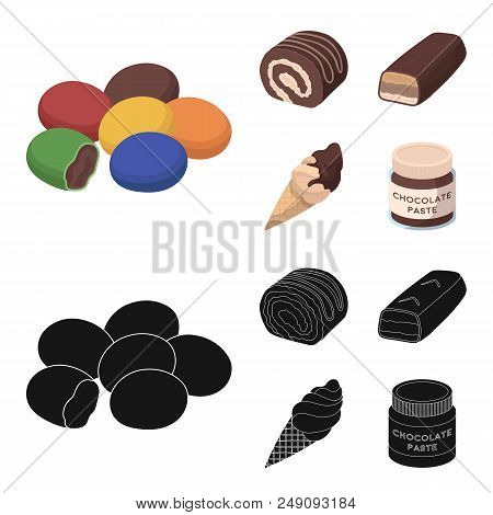 Dragee, Roll, Chocolate Bar, Ice Cream. Chocolate Desserts Set Collection Icons In Cartoon, Black St