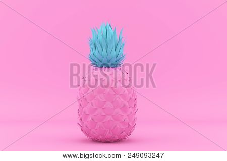 Painted Pink And Blue Pinapple On Pink Background. Modern Fashion Design In Minimal Style. Vivid And