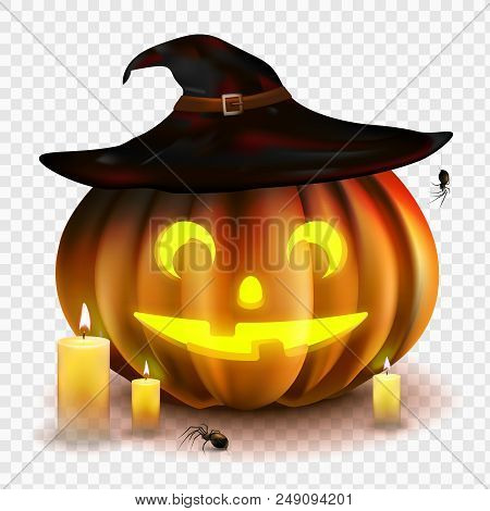 Stock Vector Illustration Halloween Pumpkin Isolated On A Transparent Background. Jack O Lantern. Wi