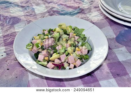 Portion Of Okroshka, A Cold Vegetable Soup, Without The Kwass In The Bowl