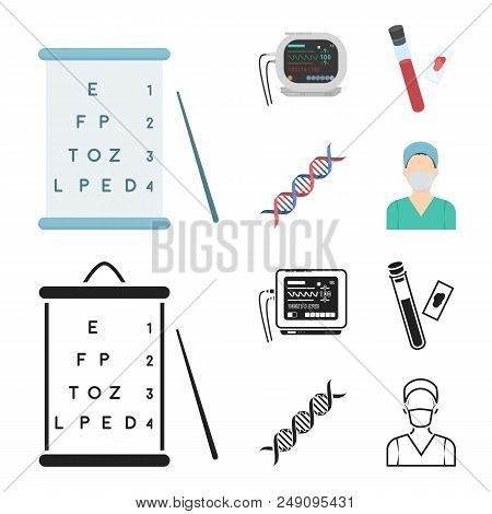 A Table Of Vision Tests, A Blood Test, A Dna Code, An Ecg Apparatus. Medicine Set Collection Icons I