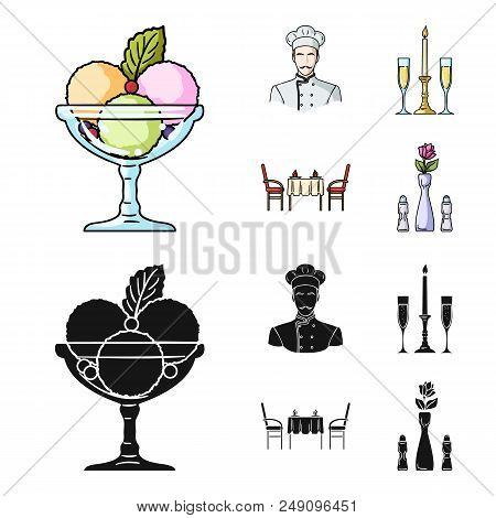 Ice Cream With Fruit, Chef, Candle And Glasses, A Covered Table.restaurant Set Collection Icons In C