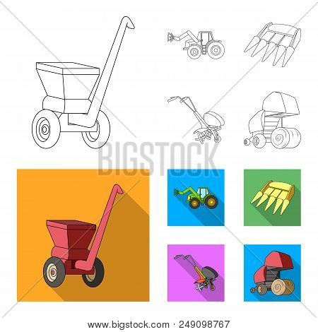 Motoblock And Other Agricultural Devices. Agricultural Machinery Set Collection Icons In Outline, Fl