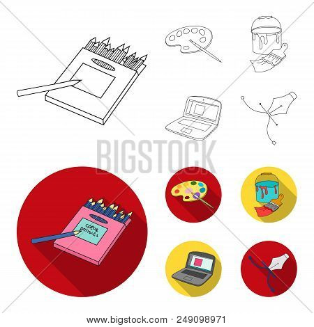 A Palette With A Brush, A Bucket With A Paint Brush, A Computer, A Tool, A Pen.artist And Drawing Se