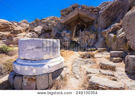 Ancient Ruins In The Island Of Delos In Cyclades, One Of The Most Important Mythological, Historical