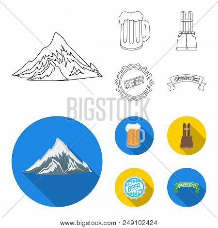 Shorts With Suspenders, A Glass Of Beer, A Sign, An Emblem. Oktoberfest Set Collection Icons In Outl