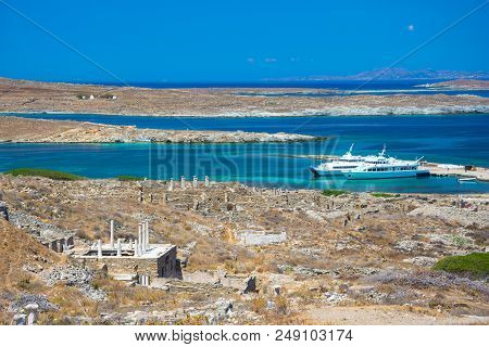 Ancient Ruins In The Island Of Delos In Cyclades, One Of The Most Important Mythological, Historical