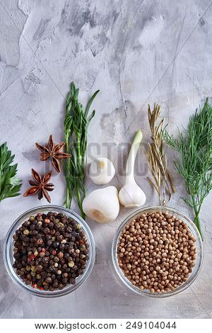 Three Glass Bowls With Spices Arranged In Rows On White Textured Background, View From Above, Select