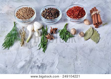 Three Glass Bowls With Spices Arranged In Rows On White Textured Background, View From Above, Select
