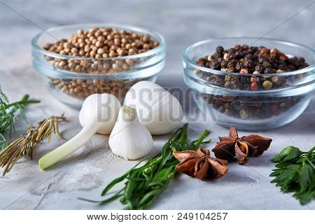 Three Glass Bowls With Spices Arranged In Rows On White Textured Background, View From Above, Select