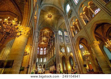 Paris, France - July 1, 2017: Interior Colonnade Panorama Of Notre Dame Gothic Cathedral Walking Of 
