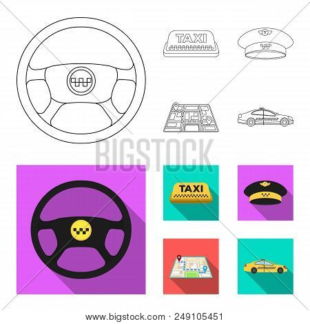 Yellow Taxi Inscription, A Cap With A Taxi Badge, A Map With A Mark, A Car With Checkers. Taxi Set C