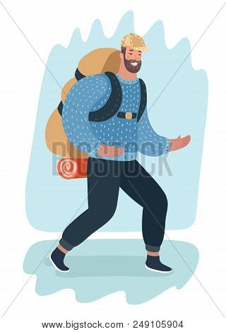 Vector Cartoon Illustration Of Smiling Hiker With Backpack Walking.
