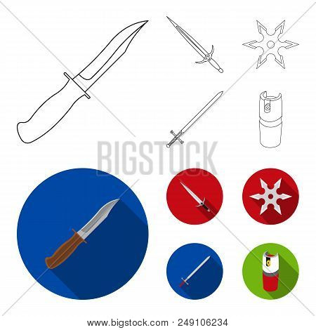 Sword, Two-handed Sword, Gas Balloon, Shuriken. Weapons Set Collection Icons In Outline, Flat Style 