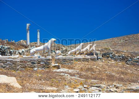 Ancient Ruins In The Island Of Delos In Cyclades, One Of The Most Important Mythological, Historical