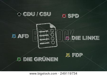 German Parties Written With Chalk On Chalkboard And Painted Ballot As Request To Vote In Germany