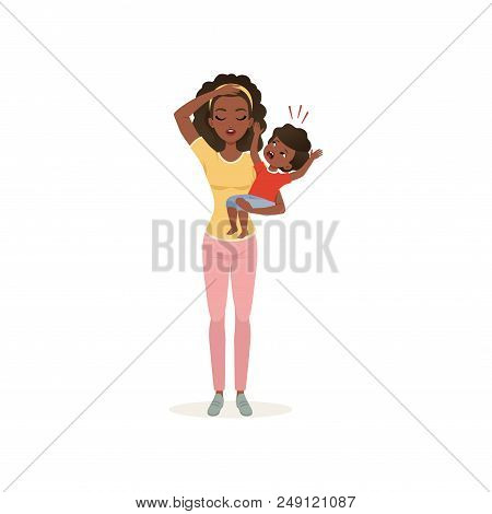 Tired Mother Holding A Crying Newborn Baby, Parenting Stress Concept, Relationship Between Children 