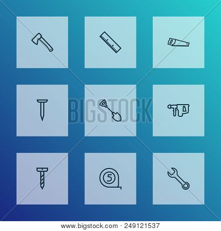 Handtools Icons Line Style Set With Shovel, Tape Measure, Saw And Other Handsaw Elements. Isolated  