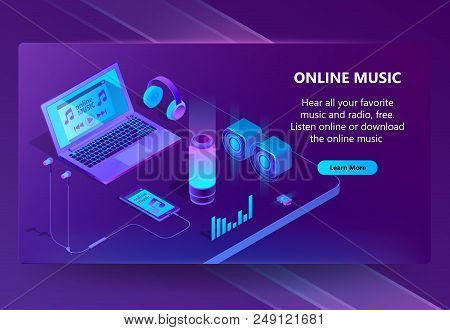 Online Music Vector Isometric Concept Background In Neon Colors. Audio Loudspeakers, Headphones, Sma