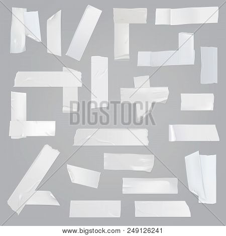 White Adhesive Tape Various Pieces With Wrinkles, Curved And Torn Edges Isolated Realistic Illustrat