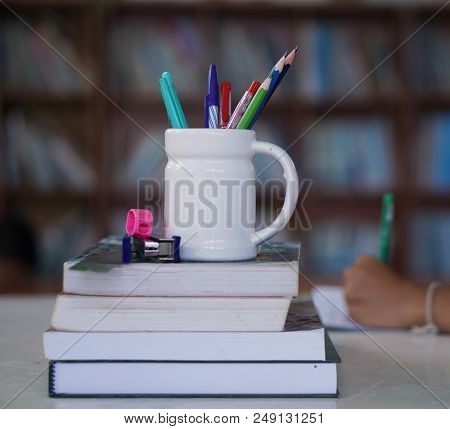 Books On The Desk In School Libraries.