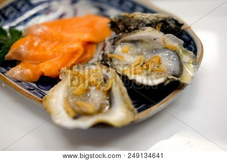 Tasty Fresh Oysters On Plate. Aphrodisiac Food For Increasing Sexual Desire
