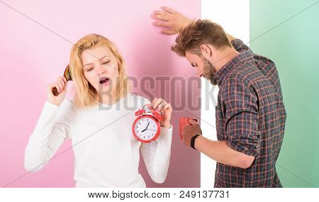 Regret Late Regime. We Should Go To Bed Earlier. Woman And Man Sleepy Tousled Hair Drink Morning Cof