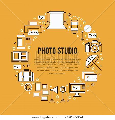 Photography Equipment Poster With Flat Line Icons. Digital Camera, Photos, Lighting Video Cameras, P